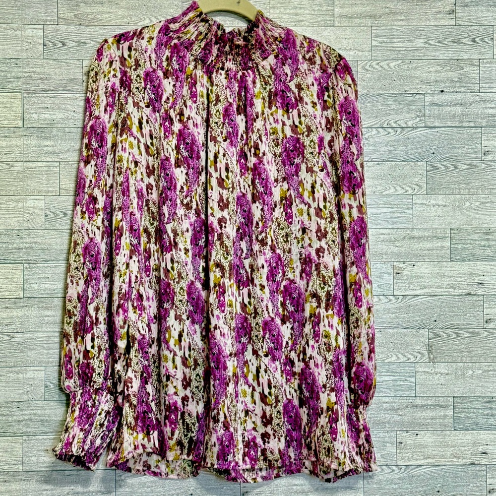 NEW-Double‎ Take Elegant Floral Purple/Pink Smocked Long Sleeve Blouse Sz-Large